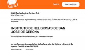 Certificado en el Protocolo de Higienización y Control de Applus+, concedido al Instituto de Religiosas de San José de Gerona